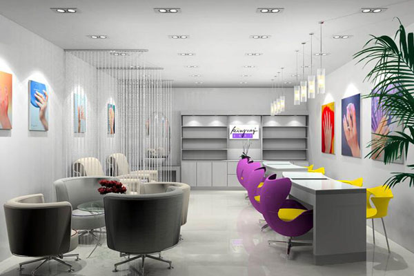 美甲店裝修圖片3—現代休閑 很多美甲店采用了現代的裝修風格,這張美甲店裝修圖片上展示的就是如此。半扣型的座位以及蛋型座位,滿滿的包圍感,使顧客賓至如歸。在現代風格的裝飾中,心情也自然放松,在專業的卡位之余,還設計了休閑區,供女孩的另一半等候,要是來一杯咖啡就更好了。